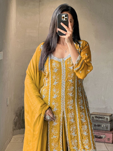 Aashvi Yellow Palazzo Suit Set with Intricate Embroidery