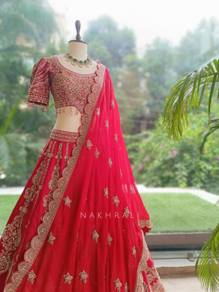 Kritisha Red Raw Silk & Soft Net Bridal Lehenga