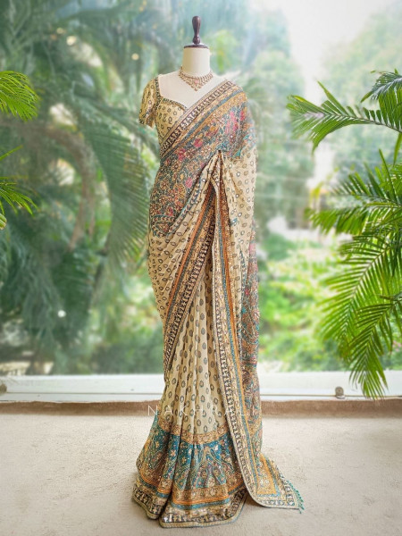 Callista Beige Printed Saree with Zari Sequin Embellishment