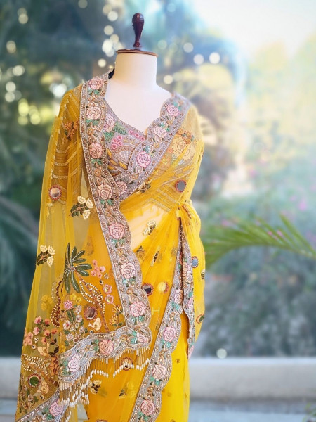 Amber Shine Yellow Net Saree with Zari, Sequins and Thread Embroidery