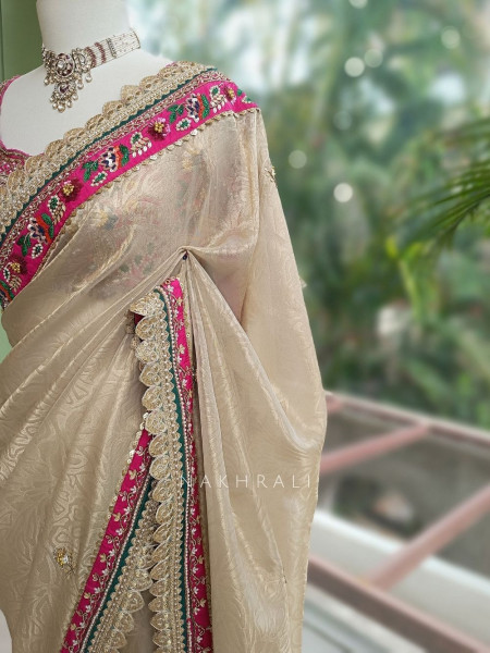 Merona Magenta Saree with Zari Sequin Beads and Cut Dana Work