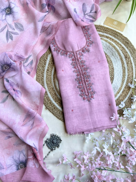 Phoolika Blue & Pink Linen Blend Dress Material