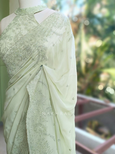 Oshni Light Green Saree with Readymade Halter Blouse