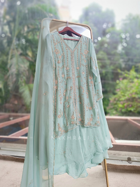 Sorrel Sea Green Organza Georgette Layered Sharara Suit Set