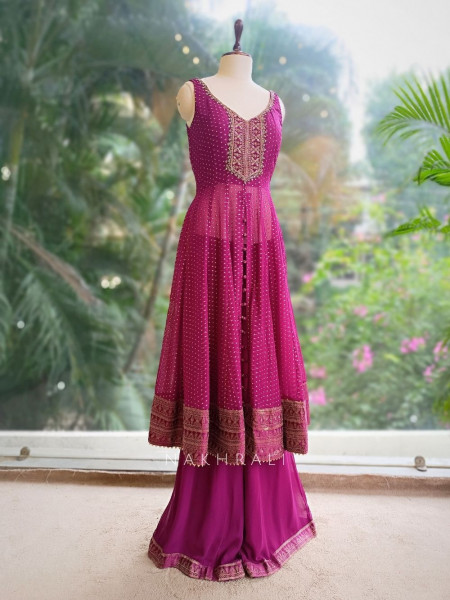 Noorani Wine Embroidered Anarkali Suit Set with Palazzo