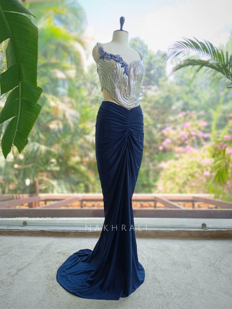 Image of Blue Indo Western Skirt Set with Mirror and Bead Work
