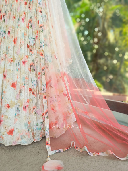 Aarvi Cream Floral Printed Lehenga with Sequin Corset Blouse