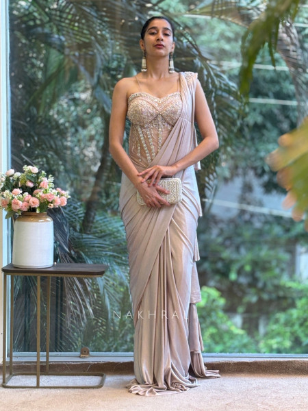 Divine Glow Peach Drape Saree with Cutdana and Mirror Work