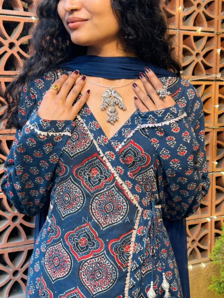 Blue Cotton Ajrakh Print Angrakha Anarkali Suit Set
