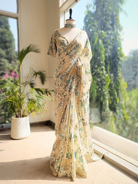 Lily Meadow Cream  Saree with Sequin Floral Work