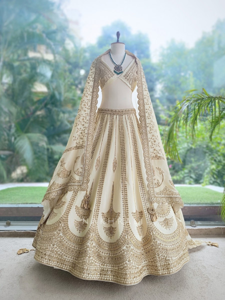 Fiona Geometric Scalloped Cream Bridal Lehenga
