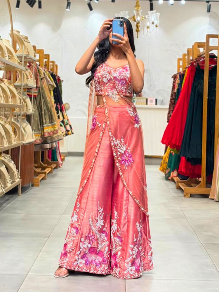 Image of Cressa Brick Crop Top Palazzo Set with Floral Sequin Beads Pearl Work