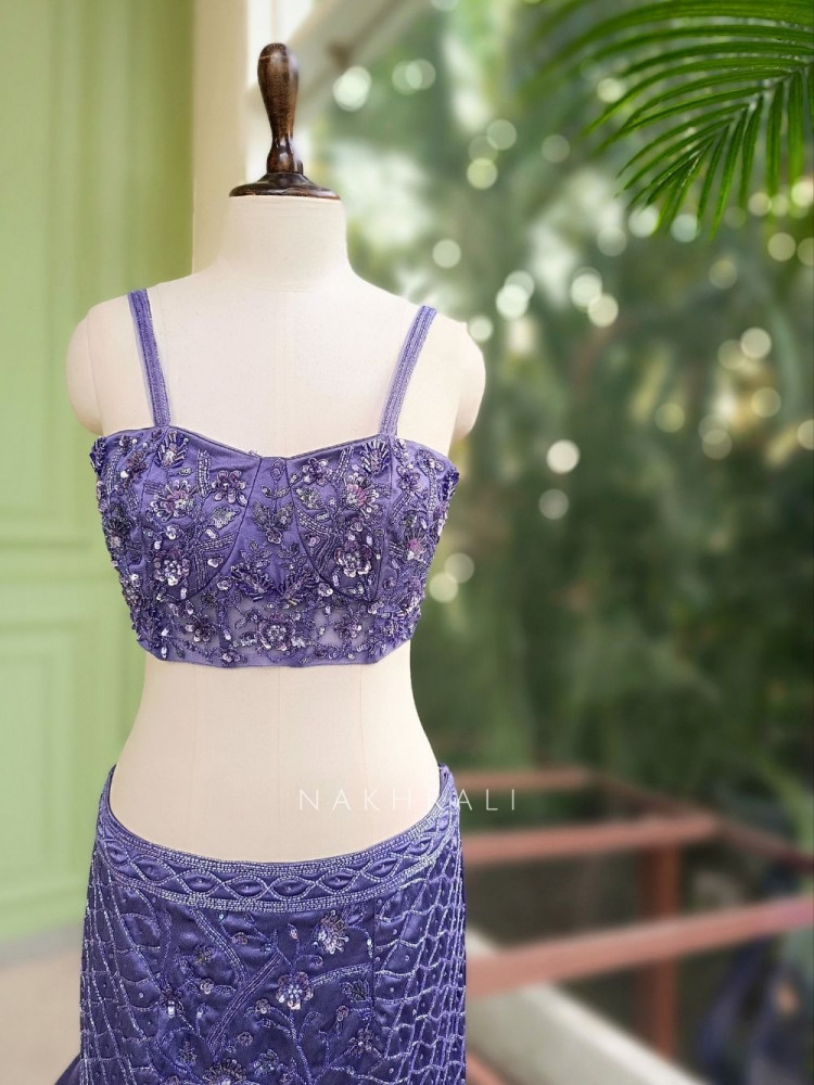 Image of Arista Purple Satin Indo-Western Lehenga with Sequin Bead Work