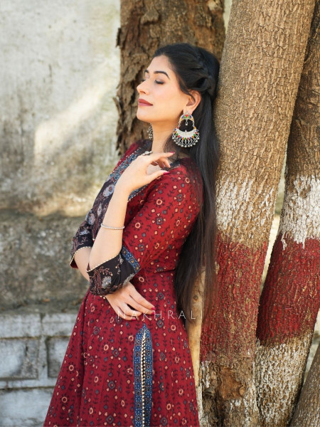 Noori Red Cotton Flared Kurta Pant Set