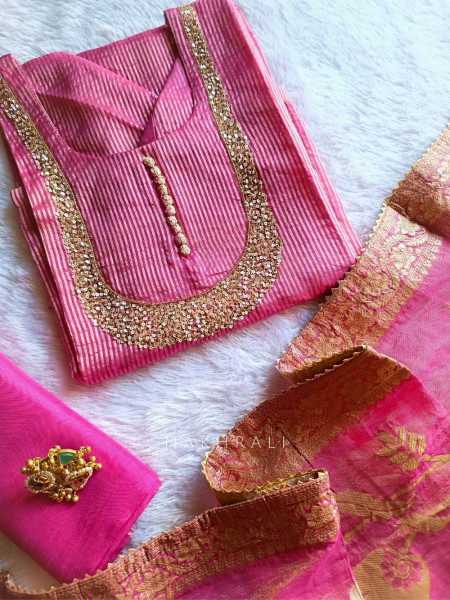 Noorline Glow Magenta Semi-stitched Dress Material with Sequin and Cut Dana Work