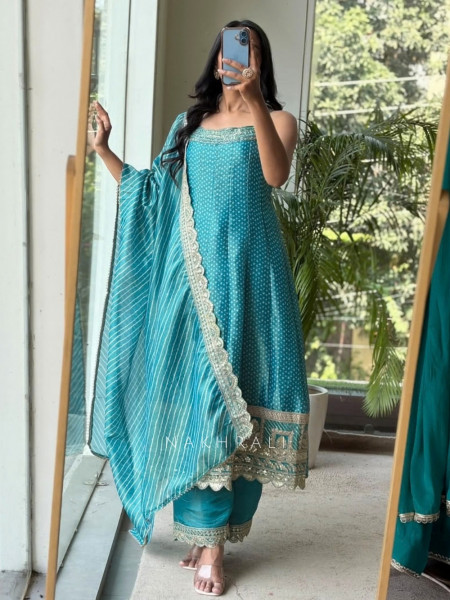 Utsavi Blue Anarkali Suit Set With Bandhani, Gota Patti & Scalloped Zari Work