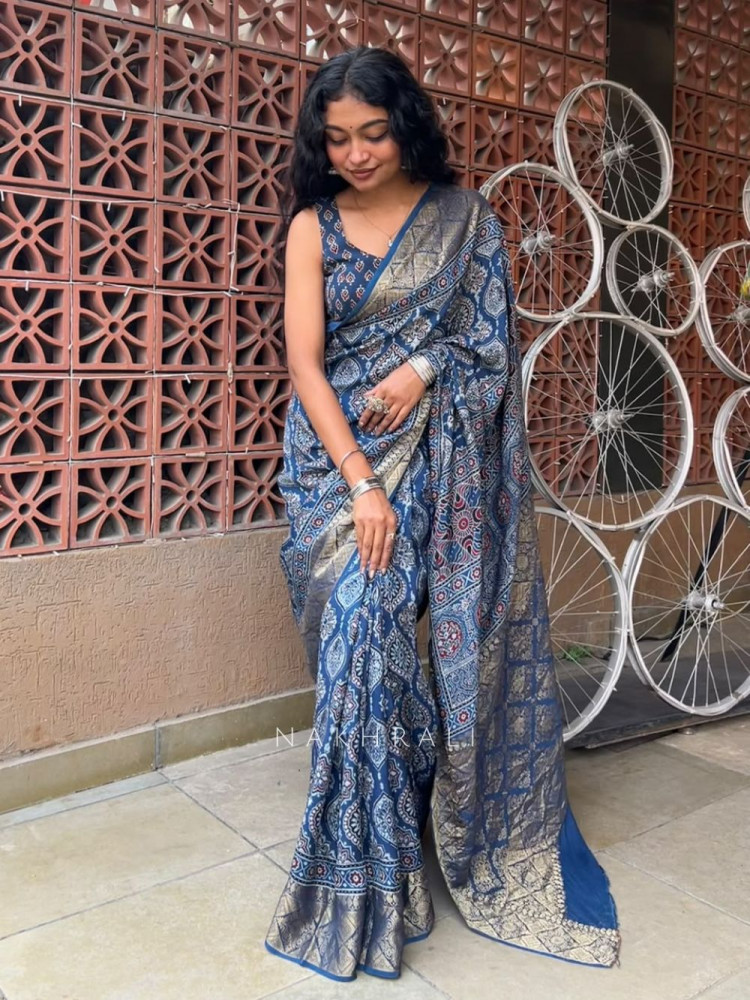 Image of Indivelle Blue Dola Silk Ajrakh Printed Saree