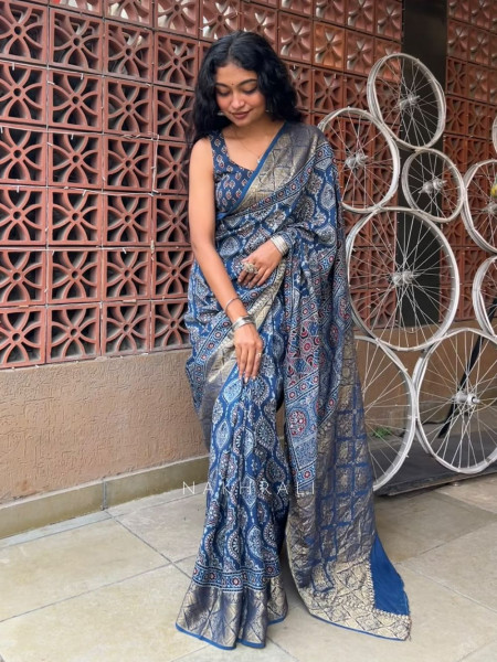 Indivelle Blue Dola Silk Ajrakh Printed Saree