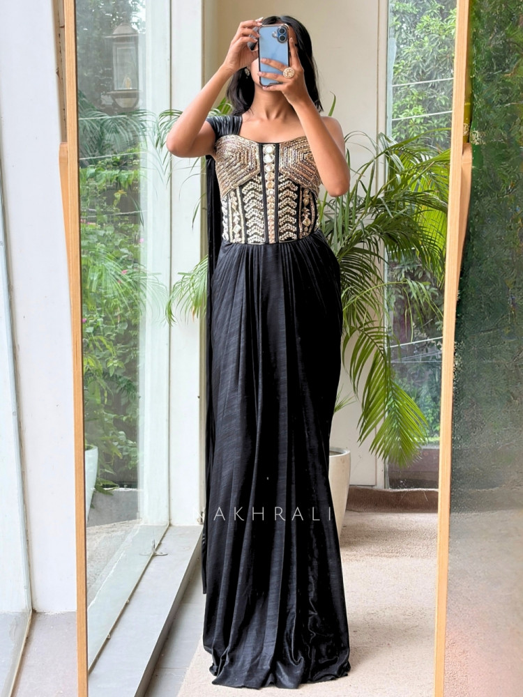 Image of Sohvi Black Drape Gown with Bead, Sequin, Cut Dana and Mirror Work