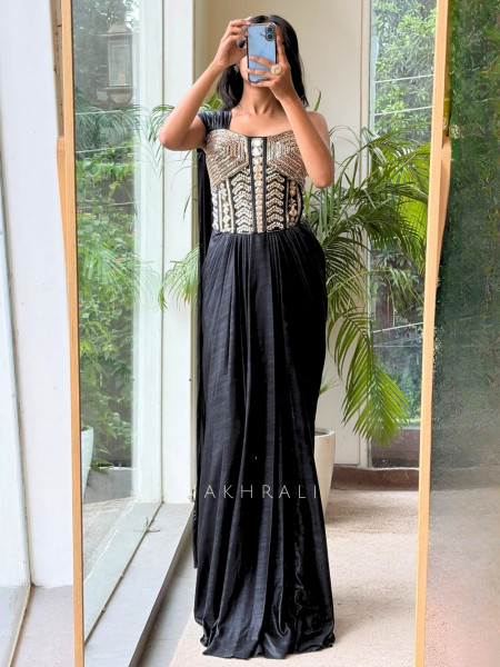 Sohvi Black Drape Gown with Bead, Sequin, Cut Dana and Mirror Work