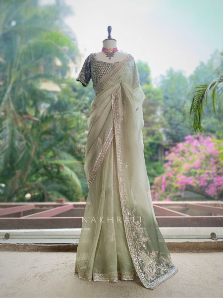 Oshini Pista Green Saree with Readymade Blouse