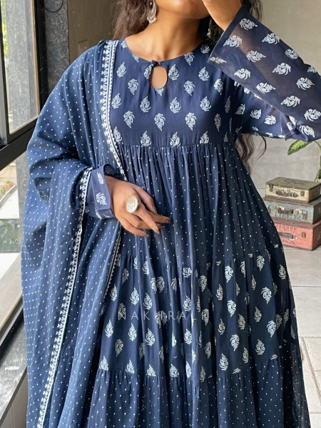 Mihira Blue Cotton Anarkali Suit Set with Printed Dupatta
