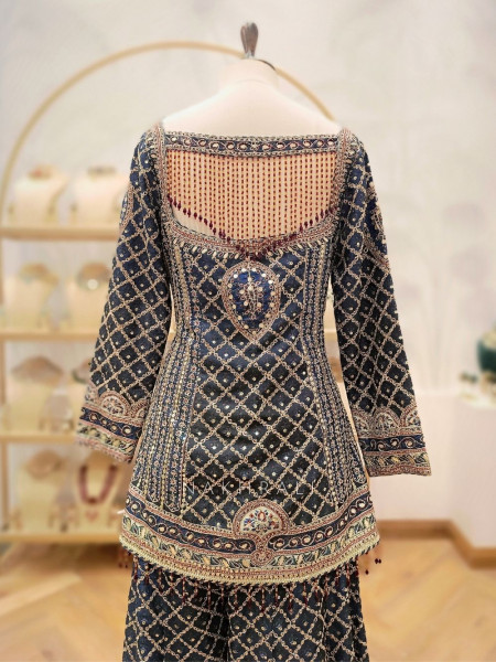 Kiyana Grey Tissue Kurta Palazzo Set with Banarasi Dupatta