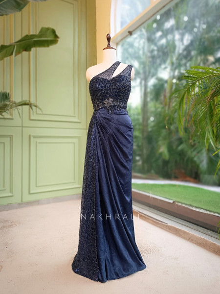 Stellar Navy Blue Cutdana One-Shoulder Ensemble Gown