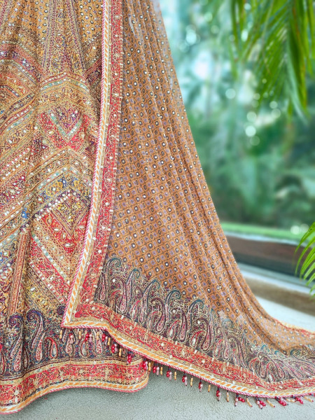 Burnt Orange Silk Lehenga Set With Marodi, Gota Patti & Mirror Work