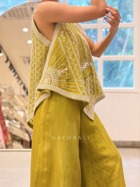 Citrine Parrot Green Indo Western Palazzo Set with Bead Work & Tassel Neck Detail