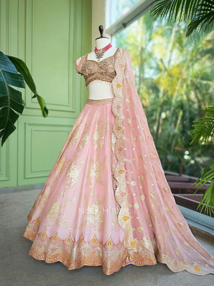 Image of Lirena Pink Lehenga Set with Sequin Zari Work