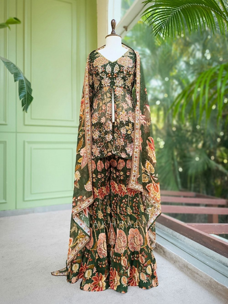 Image of Tamsa Georgette Kurta Palazzo Set With Floral Print with Sequin &amp; Mirror Work