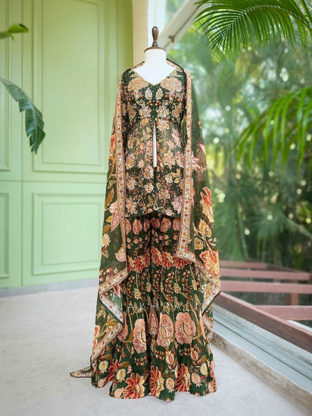 Tamsa Georgette Kurta Palazzo Set With Floral Print with Sequin & Mirror Work