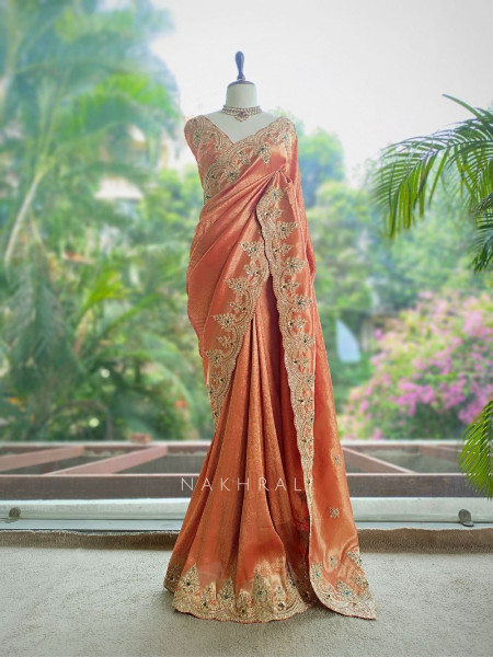 Kashida  Brick Kanjivaram Saree with Zari and Sequin Border