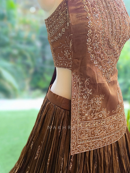 Sultana Shimmer Brown Tissue Silk & Organza Peplum Lehenga Set
