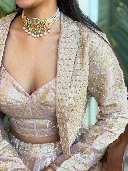 Eloria Pink Banarasi Indo-Western Lehenga Set with Stone Work