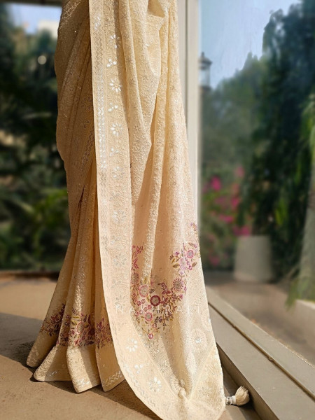 Ecru Grace Cream Embroidered Elegance Saree with Sequin Detailing