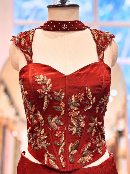Brielle Brown Corset Lehenga Set with Sequin, Zari and Beads Work