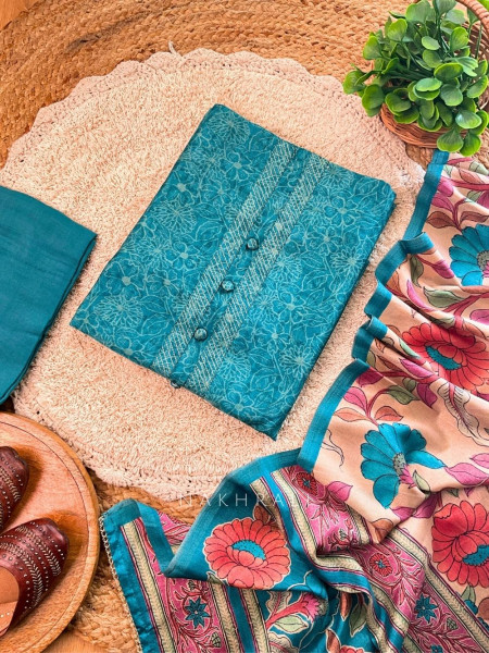 Floral Blue Elegance Printed Dress Material Set with Statement Dupatta