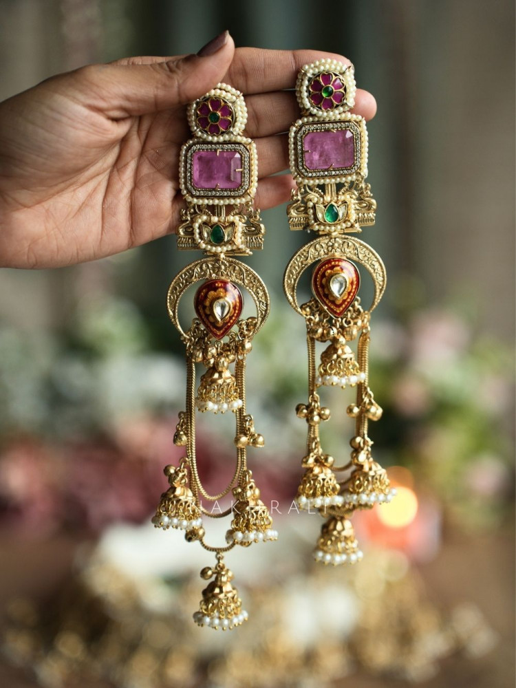 Image of Alora Pink Stone Long Kashmiri Earring