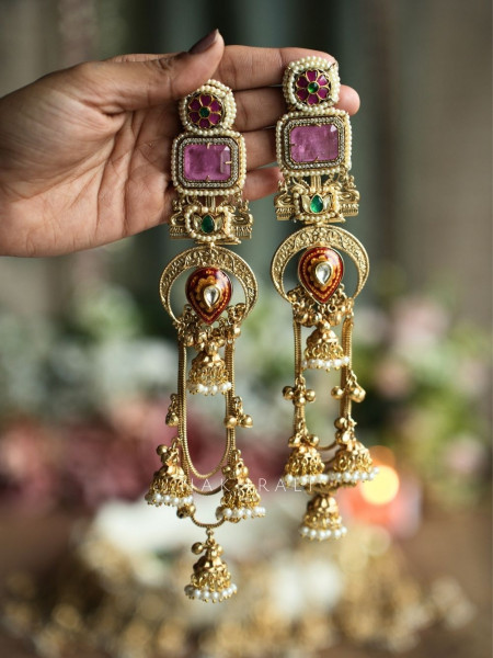 Alora Pink Stone Long Kashmiri Earring