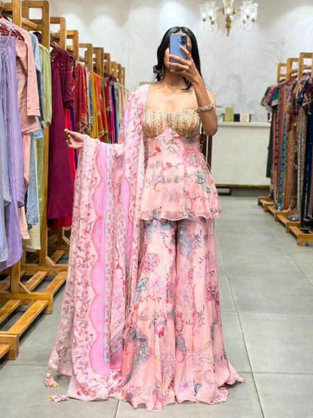 Kymera Pink Printed Palazzo Set with Sequin Cut Dana Work