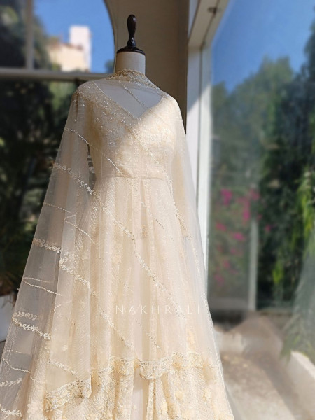 Elvya Cream Embroidered Achkan Lehenga Set