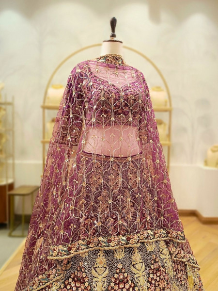 Amira Wine Embroidered Net Lehenga with Sequin Work