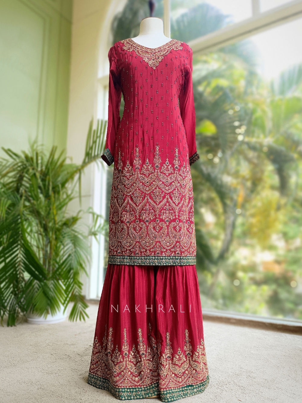Scarlet Dusk Maroon Garara Set with Thread and Cut Dana Work
