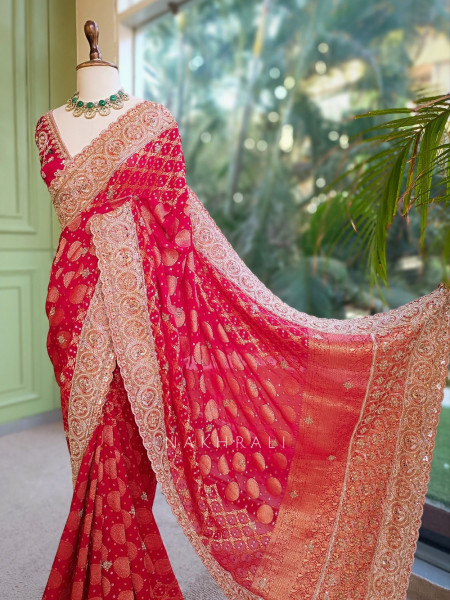 Gazal Red Red Georgette Silk Saree with Bandhani Print