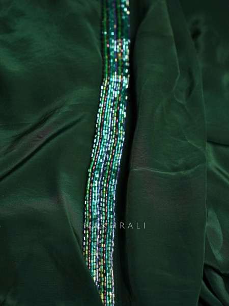 Afsoon-e-Zamarrad Emerald Green Satin Georgette Saree with Readymade Blouse