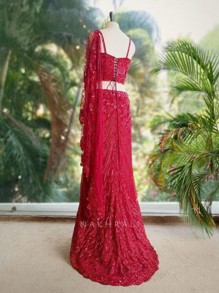 Aarvah Red Pre-Draped Saree with Sequin, Cut Dana & Bead Work