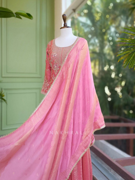 Nirshya Pink Silk Kurta Palazzo Set with Zari Embroidery