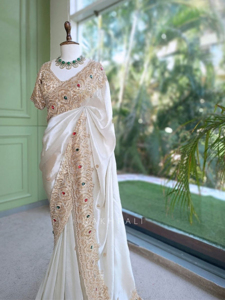 Celestial White Satin Silk Saree With Red Embroidered Dupatta
